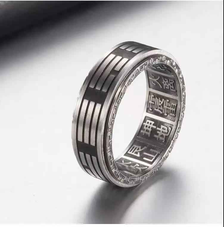 Rotating Titanium Steel Bagua Ring – Engraved Eight Trigrams & Trigram Names (18mm)